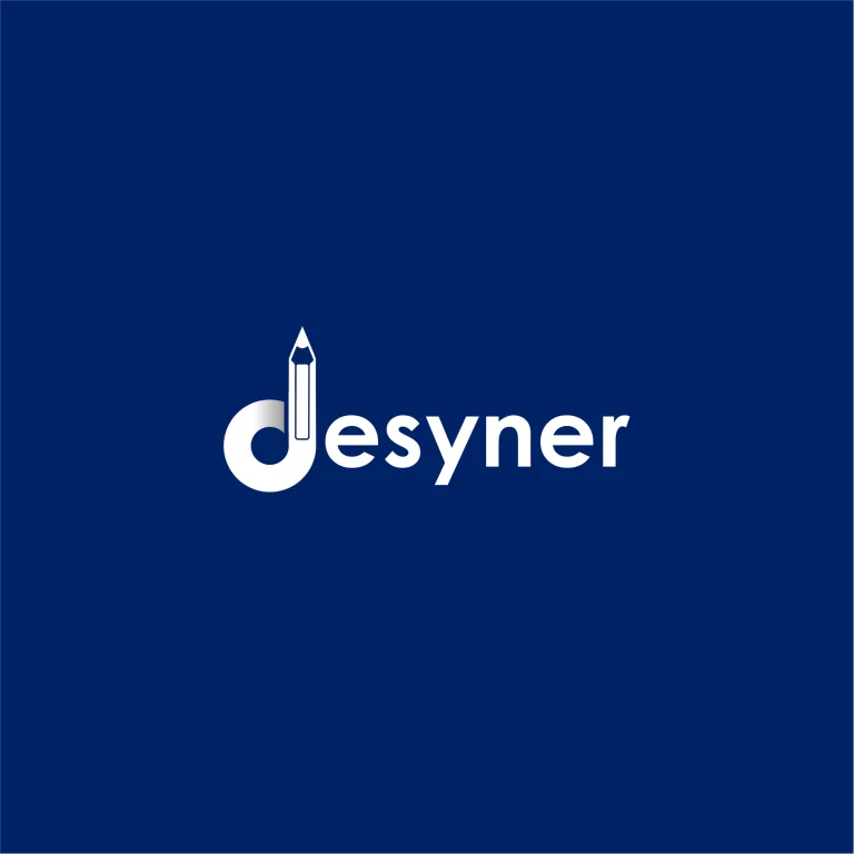 Минималистично лого с бял надпис desyner, където буквата d е стилизирана като молив върху тъмносин фон.