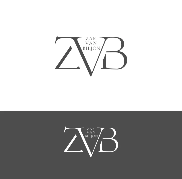 Минималистично лого с монограм ZVB и изписано име Zak Van Biljon, представено в черно и бяло върху светъл и тъмен фон.