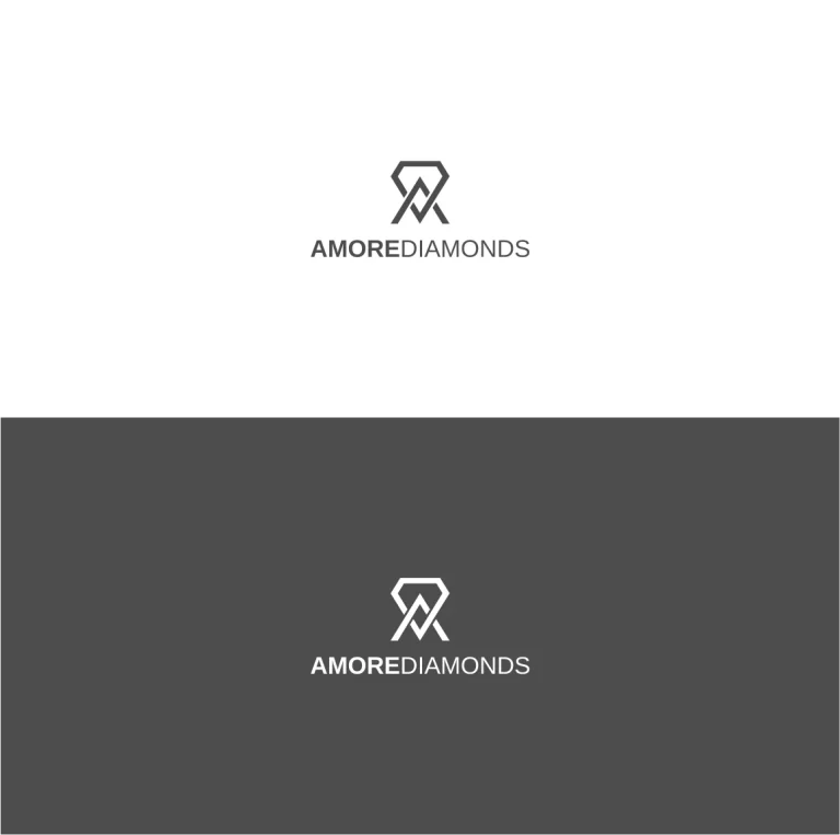 Минималистично лого с геометричен символ на диамант и надпис AMOREDIAMONDS, представено на бял и сив фон.