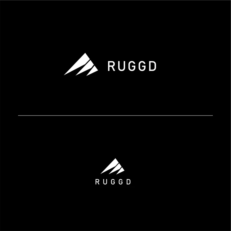 Минималистично лого с абстрактен графичен знак и надпис RUGGD в бяло върху черен фон.