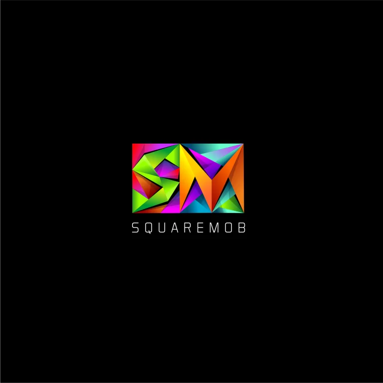 Многоцветно лого с геометрични форми, образуващи буквите SM, поставено върху черен фон с изписано име Squaremob.