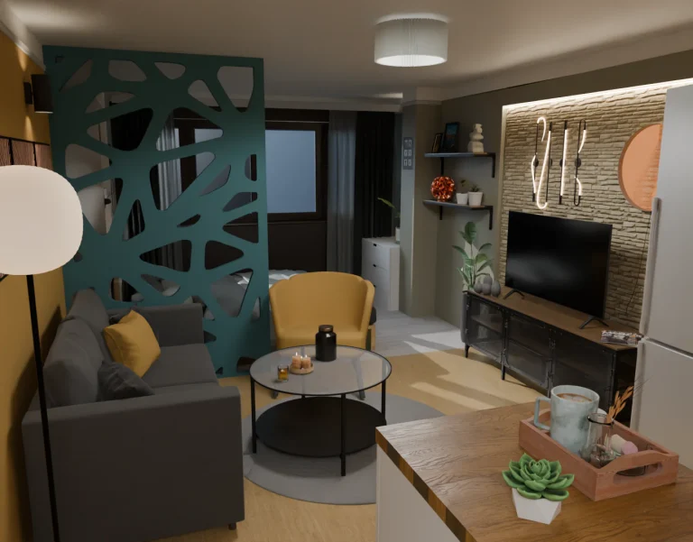 3D визуализация на модерна дневна със сива мека мебел, жълт фотьойл и декоративна тюркоазена преграда.
