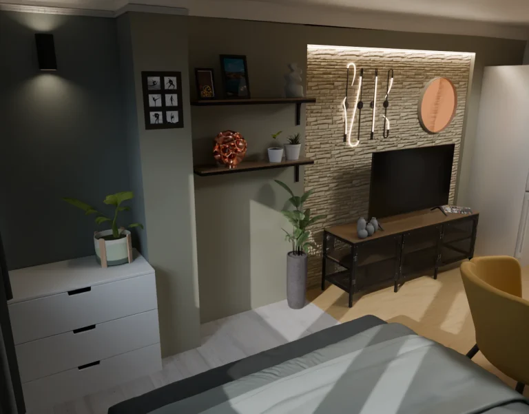 3D визуализация на спалня с акцентна стена от декоративен камък, неоново осветление, дървени рафтове и телевизионен шкаф.
