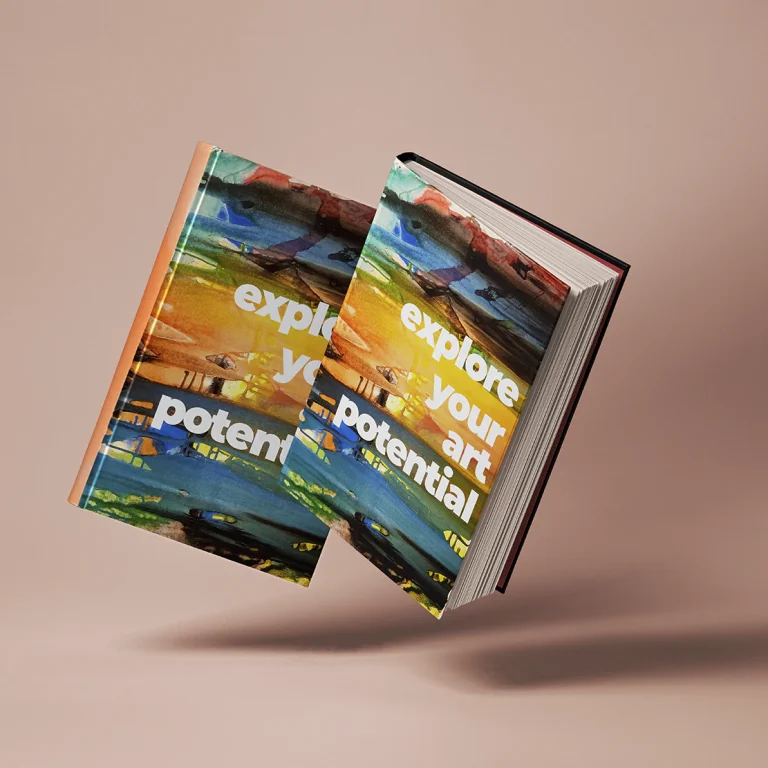 Дигитален макет на две левитирaщи книги с абстрактна цветна корица и надпис explore your potential на едноцветен фон.
