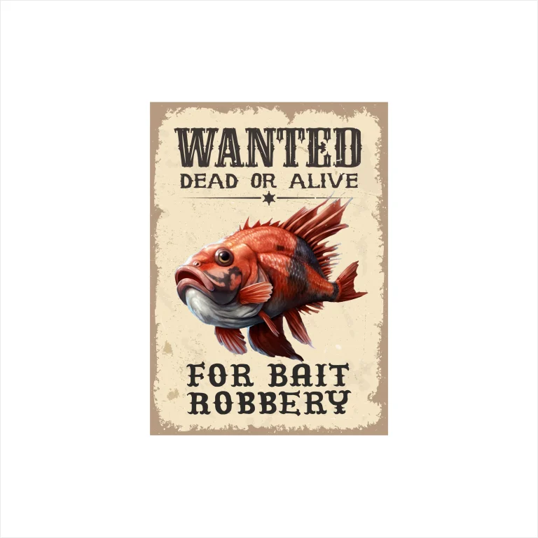 Дигитална илюстрация на риба върху винтидж плакат с надпис WANTED DEAD OR ALIVE и хумористичен текст FOR BAIT ROBBERY.
