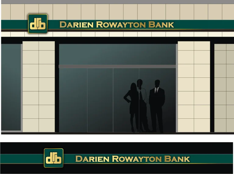 Визуализация на фасада на банкова сграда с логото на Darien Rowayton Bank и силуети на хора зад стъклена витрина.