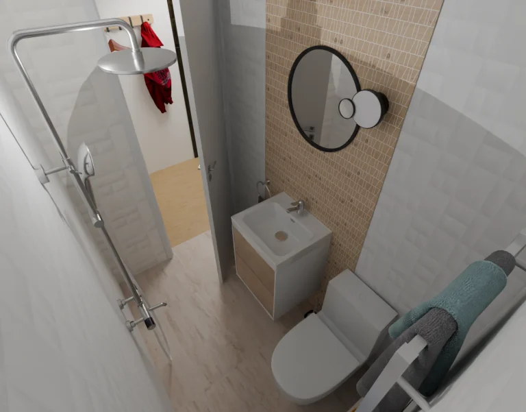 3D визуализация на малка баня с душ система, мивка с шкаф, кръгло огледало и тоалетна чиния.