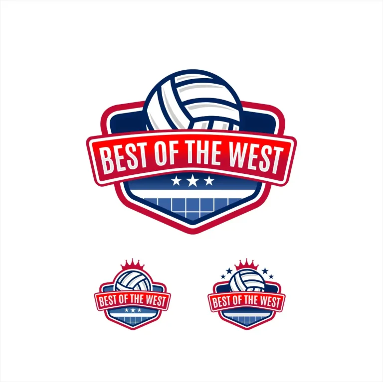 Графично лого за волейбол с топка, мрежа и надпис Best of the West в щитовидна форма с червени и сини елементи.
