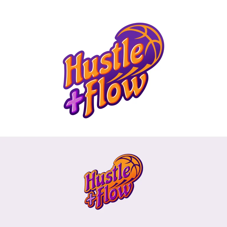 Графичен дизайн на лого с надпис Hustle Flow, комбиниран със стилизирана баскетболна топка в оранжево и лилаво.