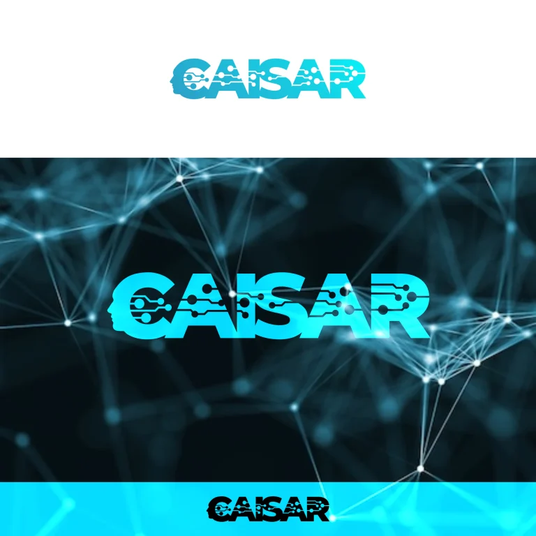 Графичен дизайн на логото CAISAR с вградени технологични схеми и силует на човешка глава върху абстрактен мрежов фон.