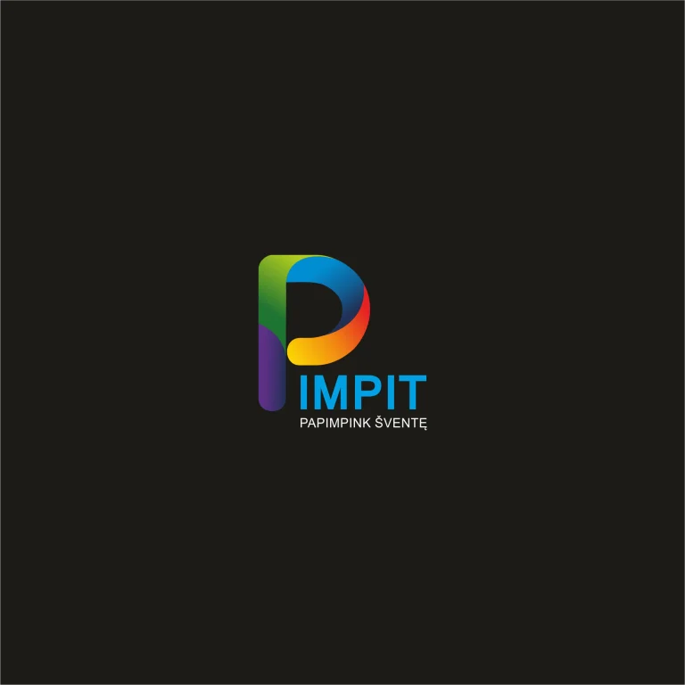 Цветно лого с градиентна буква P и надпис IMPIT PAPIMPINK ŠVENTĘ на тъмен фон.
