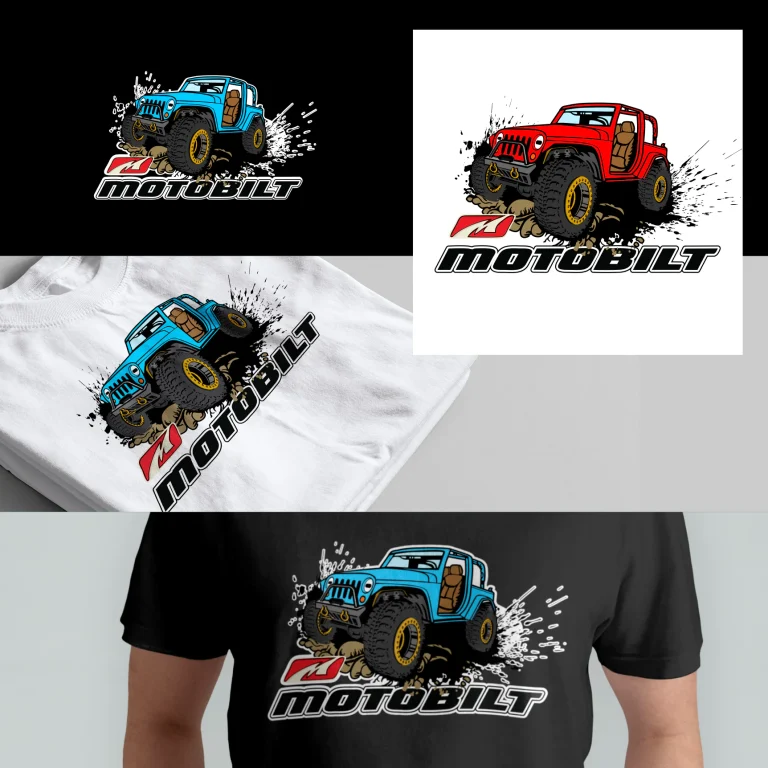 Илюстрация на офроуд джип с логото на MOTOBILT, представена като графичен дизайн върху бяла и черна тениска.
