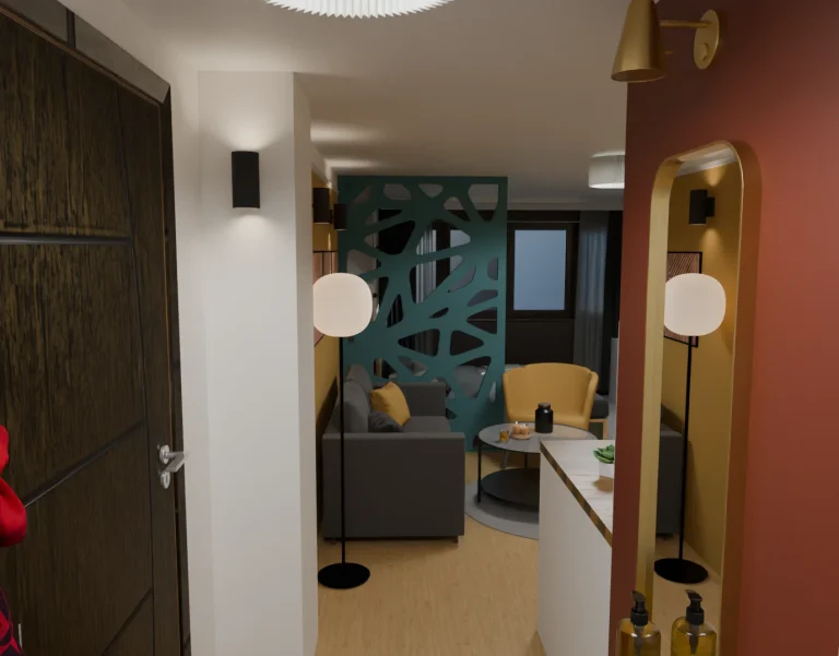 3D визуализация на интериор с декоративна преграда, сив диван, жълт фотьойл и огледало в антрето.