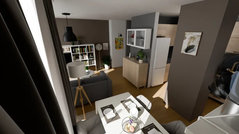 3D визуализация на отворен дневен тракт с трапезарна маса, мека мебел и кухненски кът в съвременен стил.