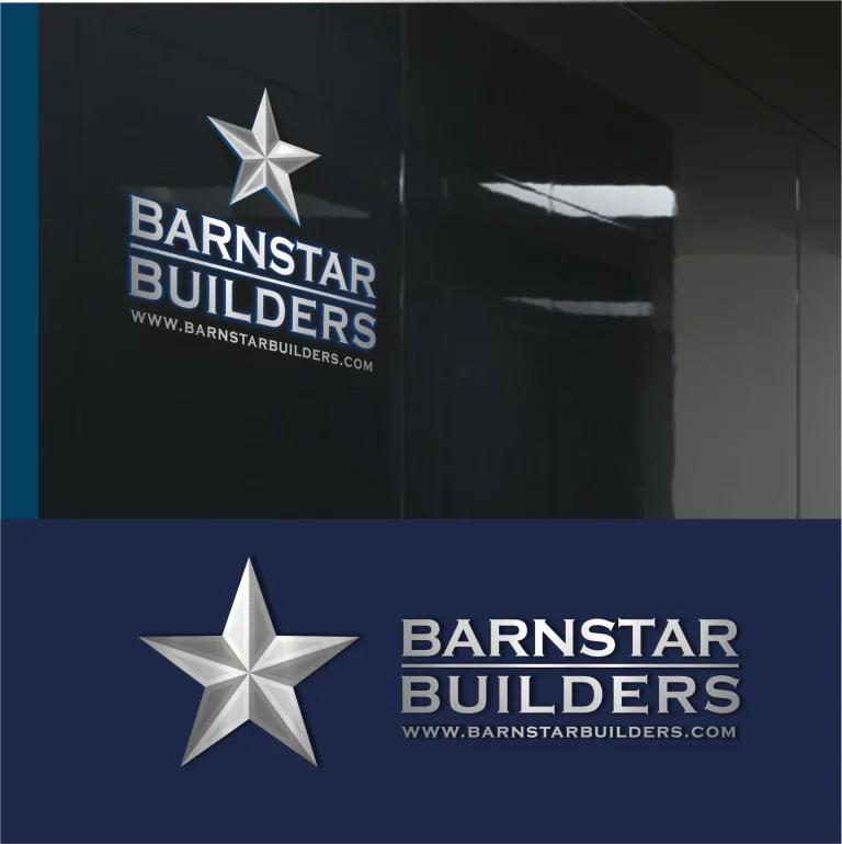 Дигитална визуализация на лого с метална звезда и надпис BARNSTAR BUILDERS върху тъмна гланцирана повърхност.