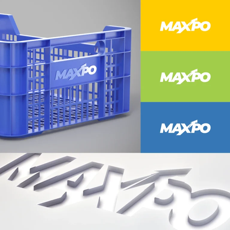 3D визуализация на синя пластмасова щайга с логото MAXPO и примери за брандиране върху цветни фонове.