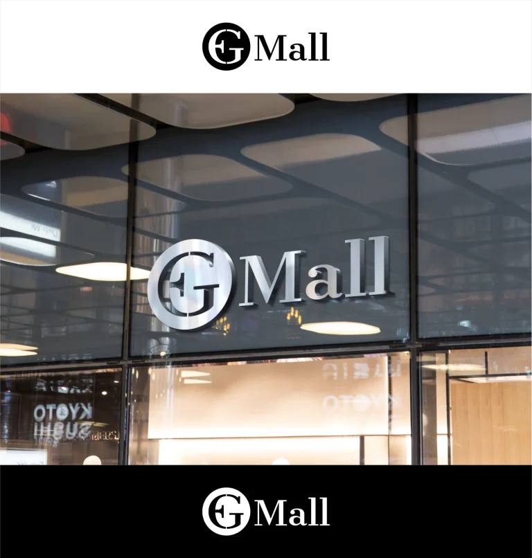 Дигитална визуализация на метален обемно изрязан надпис GMall върху стъклена фасада на сграда.
