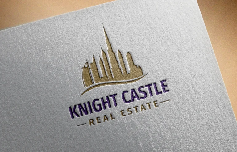 Дигитален макет на релефно лого с небостъргачи и надпис KNIGHT CASTLE върху текстурирана хартиена повърхност.