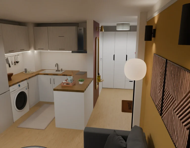 3D визуализация на малък апартамент с компактна кухня, светли шкафове и акцентна стена в цвят охра.