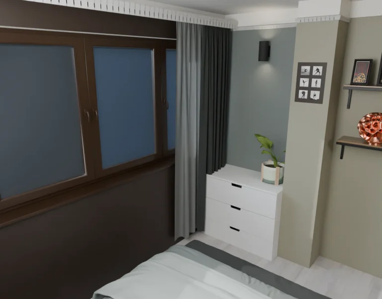 3D визуализация на спалня с бял скрин, тъмни завеси, декоративни рафтове и акцентна стена в сиво.