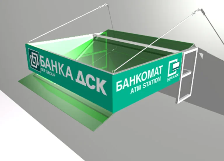 Триизмерна визуализация на висяща рекламна табела за банкомат с логото на Банка ДСК, окачена на метални въжета.