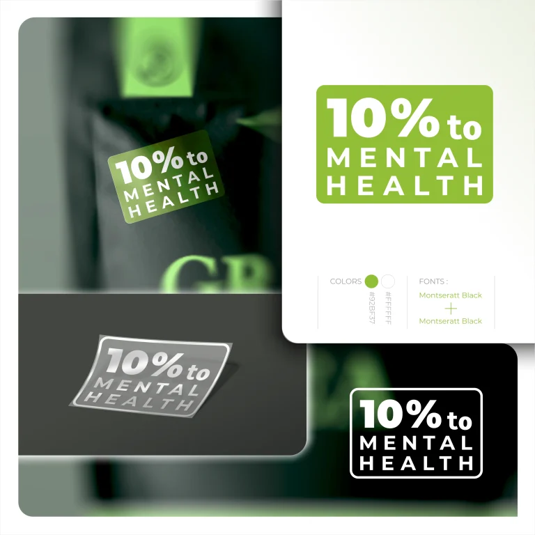 Графично представяне на лого с надпис 10% to MENTAL HEALTH, включващо цветови палитри и типографски детайли.