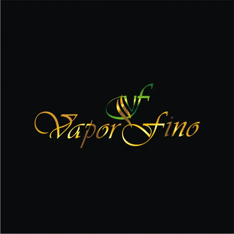 Златист калиграфски надпис Vapor Fino с декоративен елемент върху черен фон.