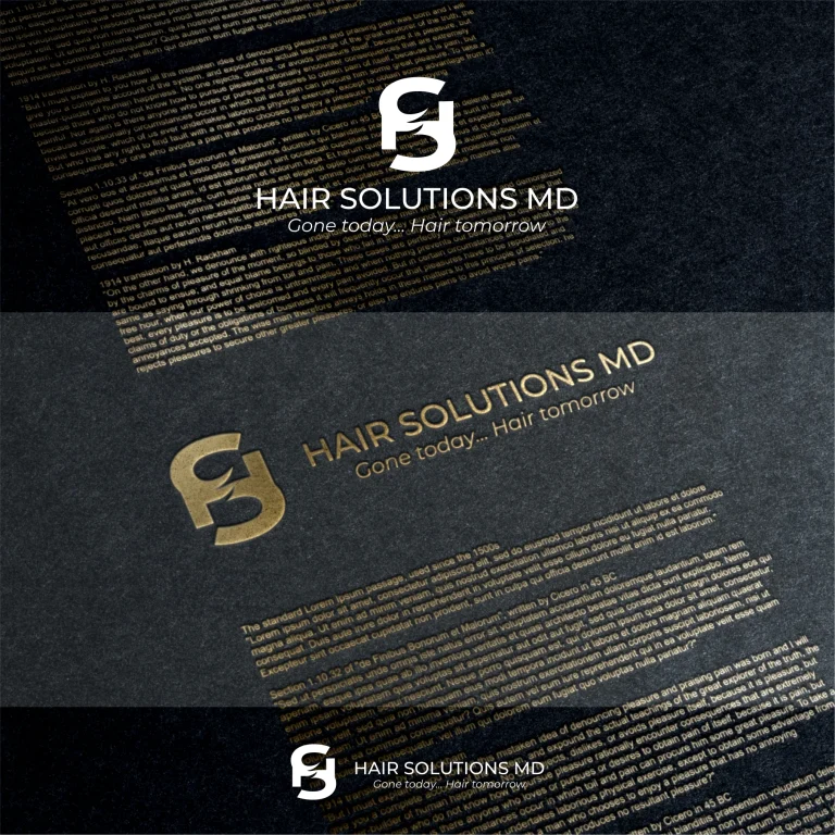 Златисто лого и надпис Hair Solutions MD върху тъмна текстурирана хартия с фонов текст тип Lorem Ipsum.