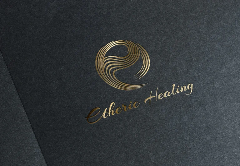 Дигитален макет на златно лого с абстрактен линеен символ и надпис Etheric Healing върху текстурирана черна хартия.