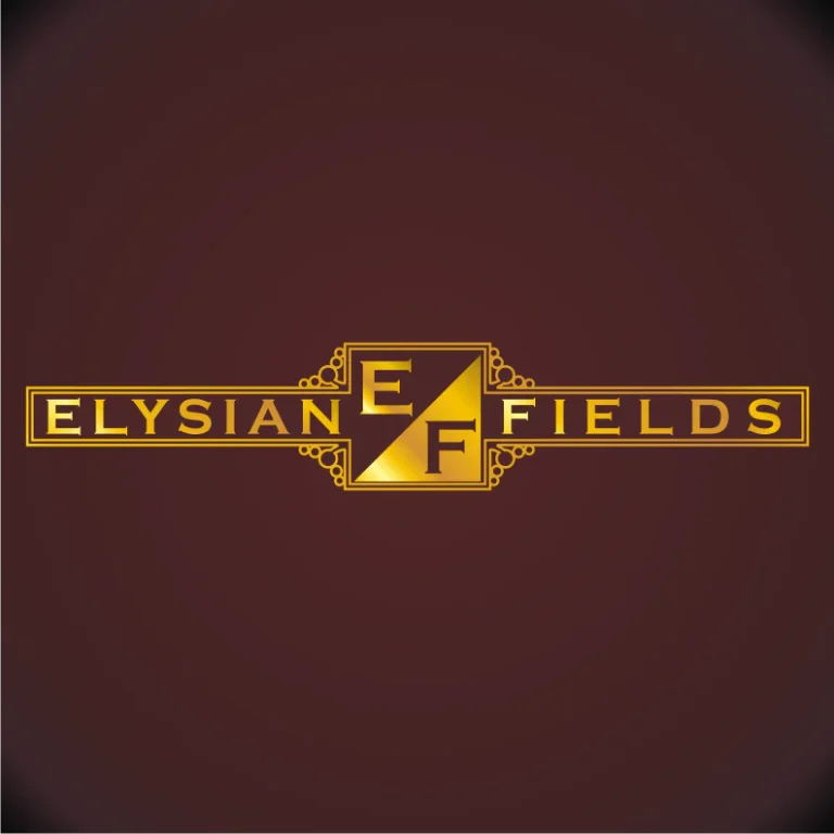 Златисто лого с надпис Elysian Fields и стилизирани геометрични елементи върху тъмен фон.