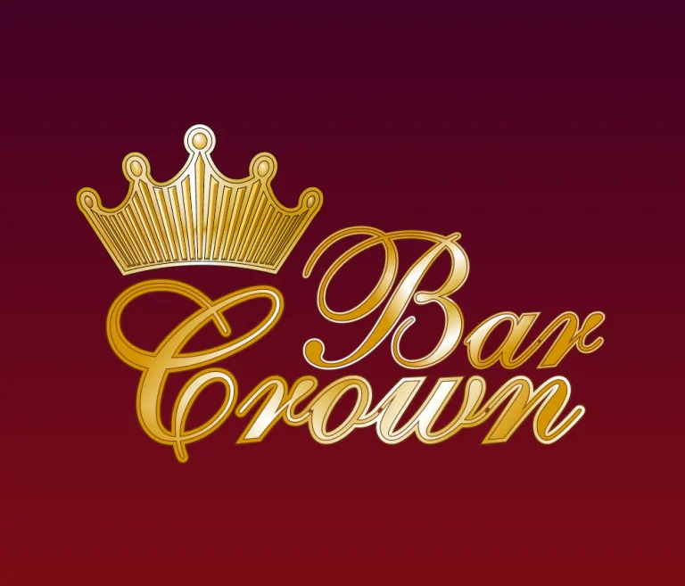 Златисто лого с икона на корона и стилизиран калиграфски надпис Bar Crown върху тъмночервен градиентен фон.