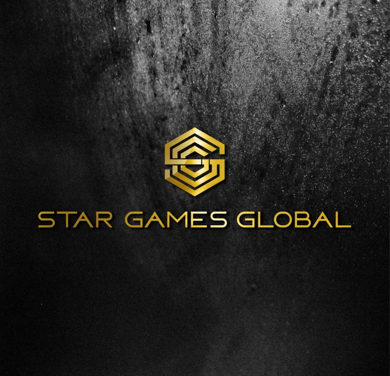 Златисто лого с геометричен символ и надпис Star Games Global върху тъмен текстуриран фон.