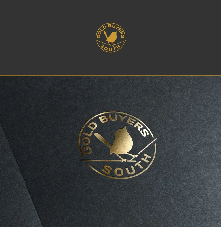 Златисто лого с птица и надпис Gold Buyers South, представено като релефен отпечатък върху тъмна текстурирана хартия.